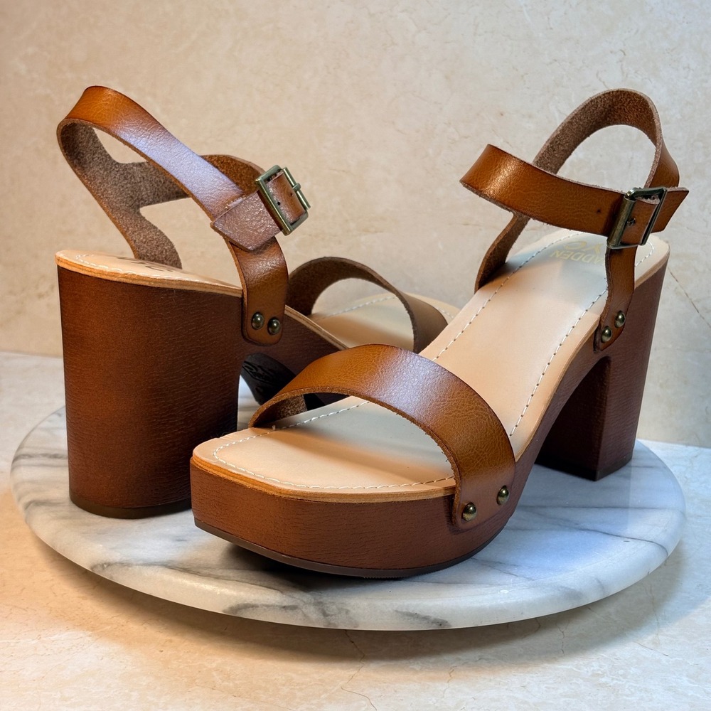 Madden NYC Lifft Platform Block Heel Sandals Tan Leather Buckle Ankle Strap 9